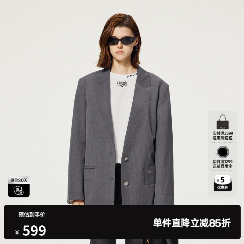 U/TI无领灰色西装外套女复古设计感通勤休闲上衣尤缇2025秋季新款