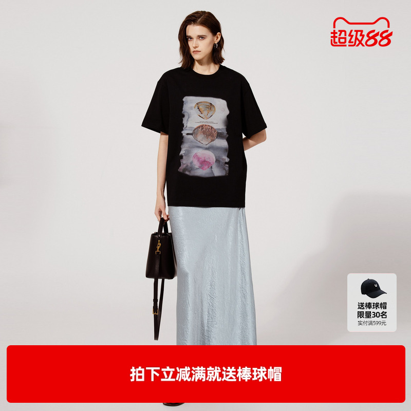 U/TI黑色海洋贝壳印花T恤女装 百搭棉质廓版短袖尤缇2025夏季新款
