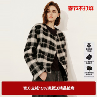 U/TI黑白格纹短款绵羊毛短大衣女复古千金风外套尤缇2025冬季新款