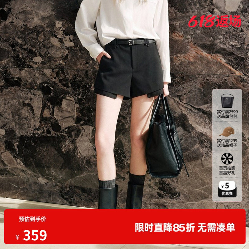 U/TI 黑色配腰带A字休闲裤女拼接假两件西装短裤尤缇2026秋季新款