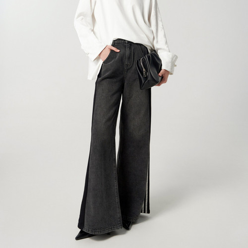 U/TI深灰运动风拼接牛仔裤女欧美街头风潮休闲裤尤缇2024秋季新款