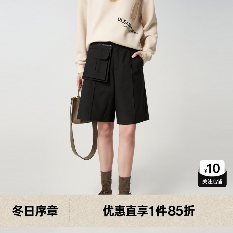 U/TI黑色大口袋垂坠感西装短裤女时尚百搭休闲裤尤缇2023秋季新款