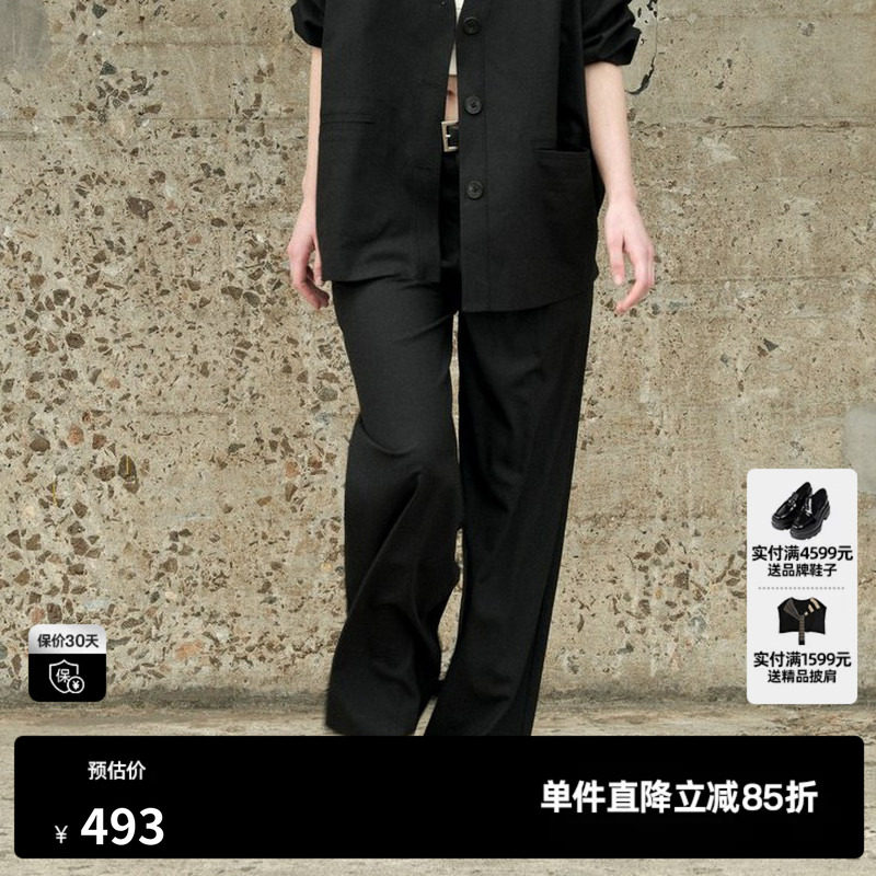 U/TI黑色直筒裤西装裤女装百搭阔腿裤休闲裤尤缇2025夏季羊毛混纺