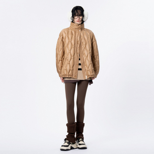 新款 TI咖色菱格压印立领羽绒服女拼接设计感潮外套尤缇2023冬季