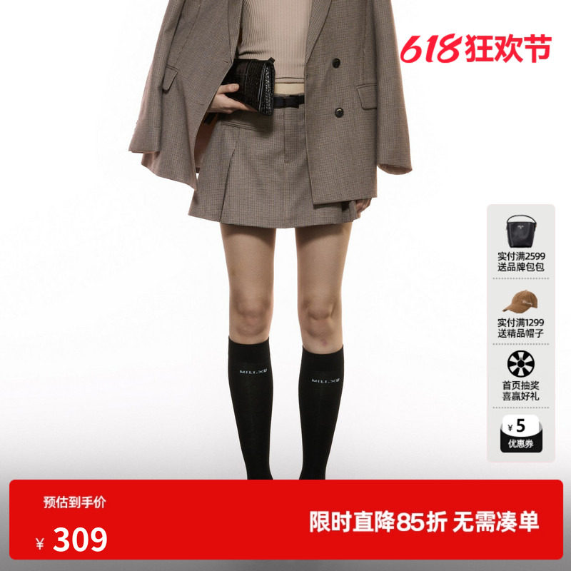 U/TI格纹学院感西装裙裤女 复古配腰带小A字短裙尤缇2025秋季新款