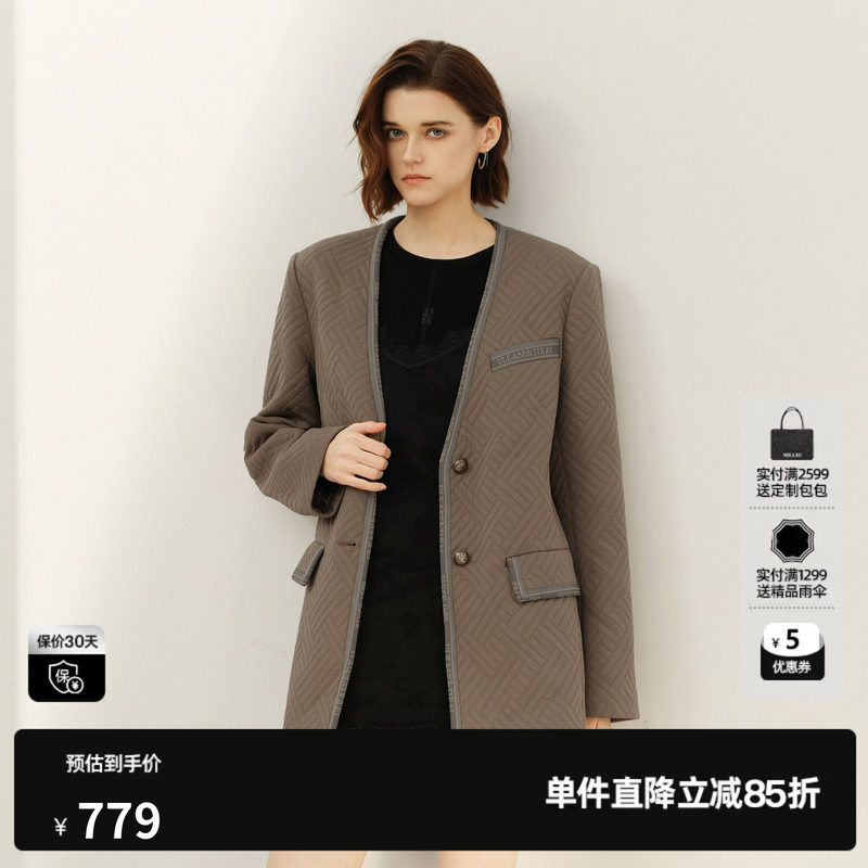 U/TI军绿色老钱风V领外套女 百搭肌理感外搭上衣尤缇2025春季新款
