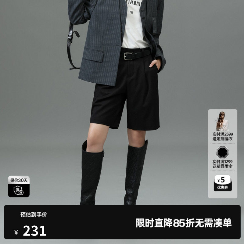 U/TI黑色通勤风西装短裤女装百搭显瘦直筒休闲裤尤缇2025春季新款