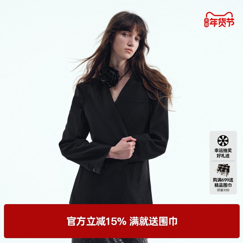 U/TI无领黑色西装外套女装设计感通勤风休闲上衣尤缇2025秋季新款