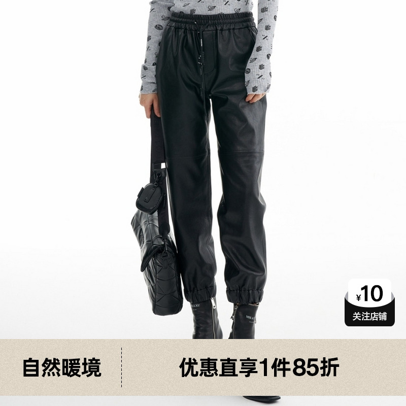 U/TI尤缇2022冬季新款女式黑色皮裤UI4D3396090