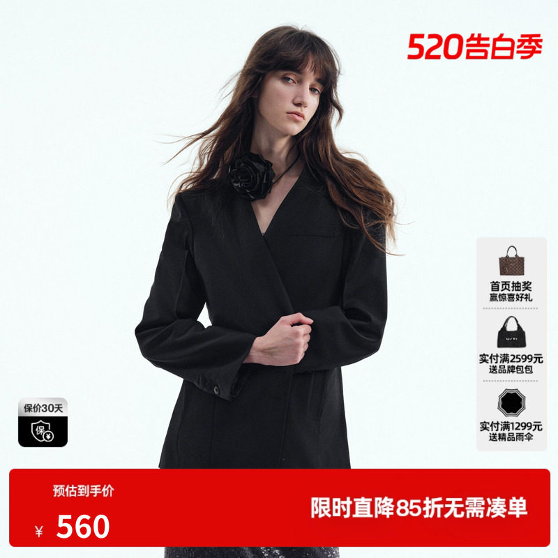 U/TI无领黑色西装外套女装设计感通勤风休闲上衣尤缇2025秋季新款
