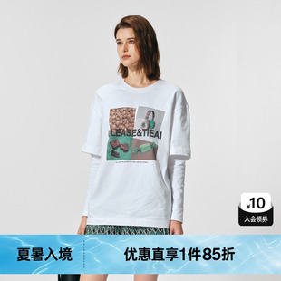 百搭休閑上衣尤緹2024春季 TI白色復(fù)古印花假兩件長袖 T恤女 新款