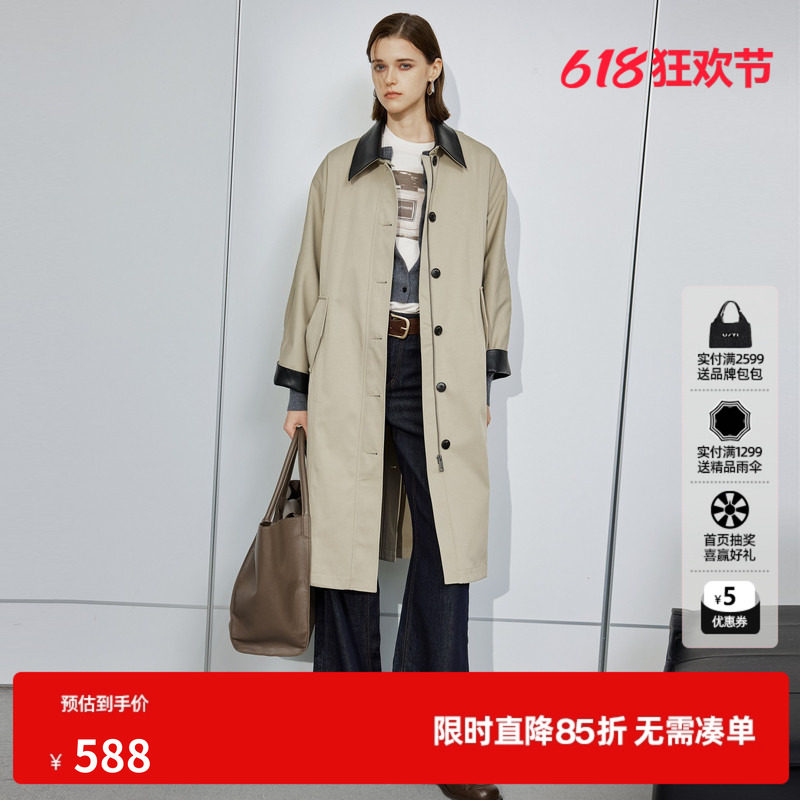 U/TI酷飒皮质拼接长款风衣女英伦风通勤外套上衣尤缇2025秋季新款