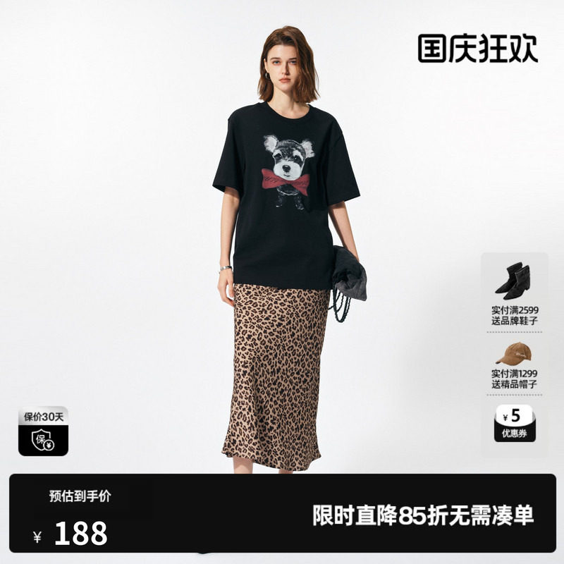 U/TI 黑色100%棉小狗印花短袖女时尚百搭阔版T恤尤缇2025春季新款图片