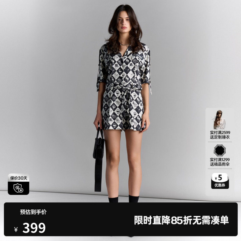 U/TI休闲短袖连体裤短裤女百搭气质黑白格休闲裤尤缇2025夏季新款