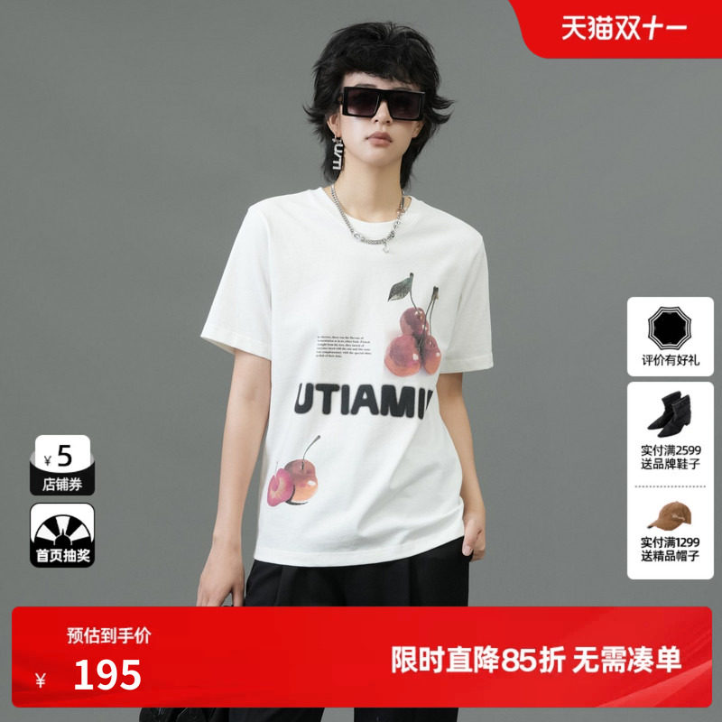 U/TI 白色樱桃印花100%棉T恤女百搭圆领休闲上衣尤缇2025春季新款