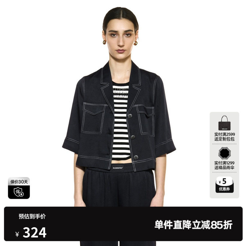 U/TI翻领藏青色牛仔衬衫外套女短款半袖休闲上衣尤缇2025秋季新款