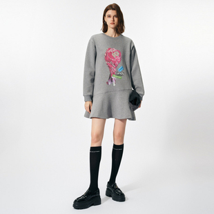 新款 百搭空气棉复古A字裙尤缇2024春季 TI灰色糖果印花卫衣裙女