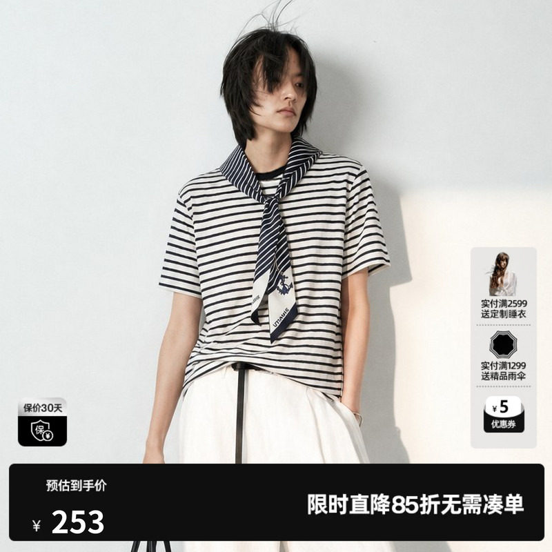 U/TI黑白条纹圆领短袖T恤女 配领带直筒休闲上衣尤缇2026夏季新款