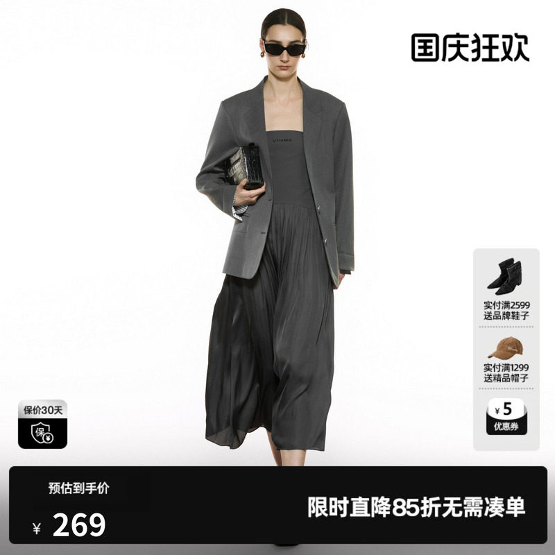 U/TI灰色抹胸长裙女简约百褶度假通勤无袖连衣裙尤缇2025秋季新款