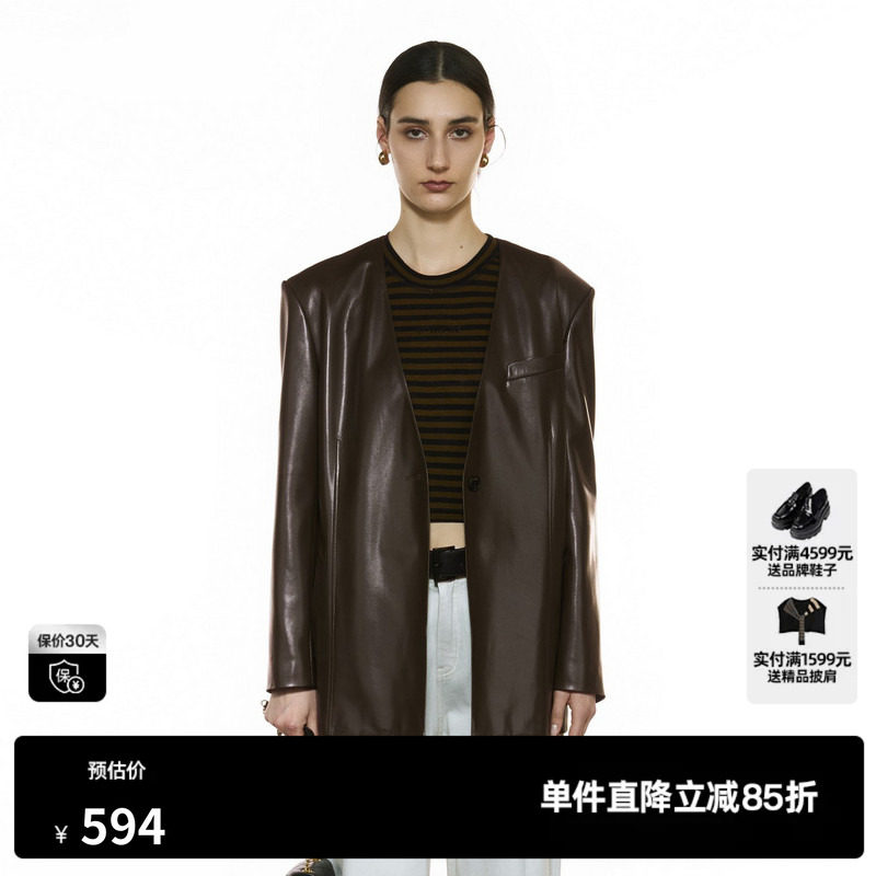 U/TI蛋白皮无领西装女装高街通勤风显瘦休闲外套尤缇2025秋季新款
