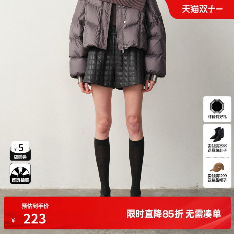 U/TI织带格纹皮革短裤女装设计感高腰显瘦休闲裤尤缇2025冬季新款