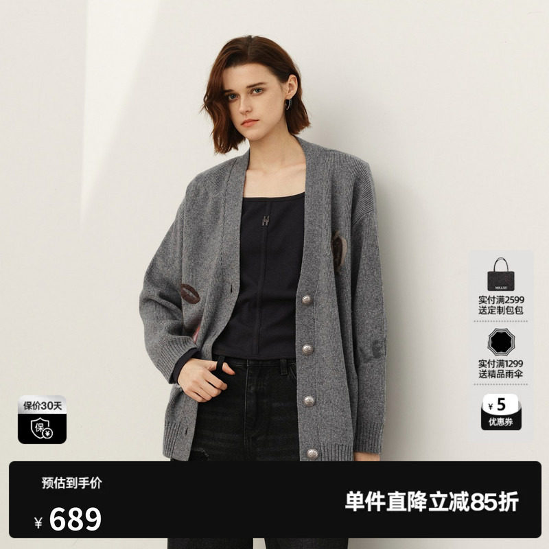 U/TI灰色樱桃提花慵懒开衫女装绵针织衫外套尤缇2025春季羊毛混纺