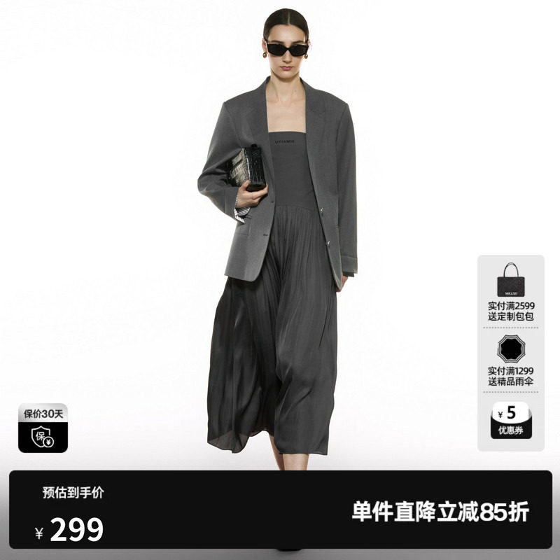 U/TI灰色抹胸长裙女简约百褶度假通勤无袖连衣裙尤缇2025秋季新款