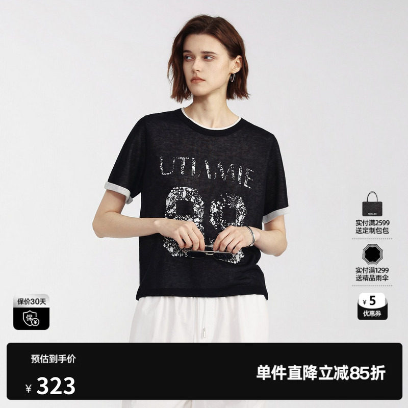U/TI黑色百搭假两件短袖T恤女印花宽松圆领短款 尤缇2026夏季新款