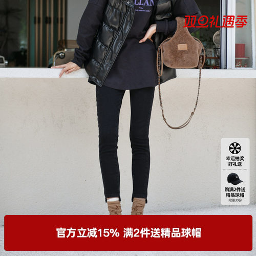 U/TI黑色修身显瘦高腰铅笔裤女百搭牛仔裤休闲裤尤缇2023冬季新款