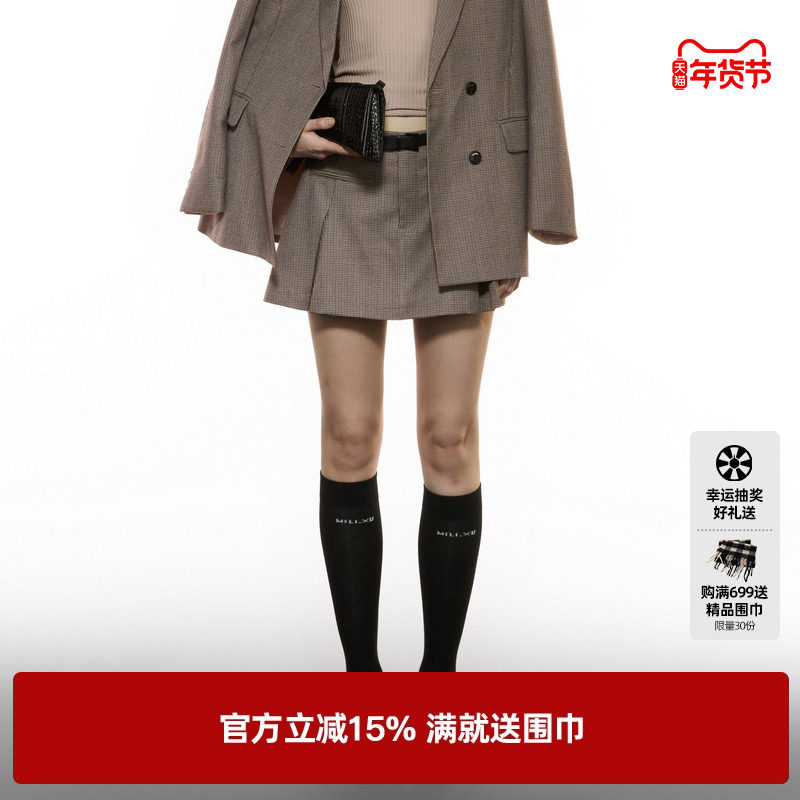 U/TI格纹学院感西装裙裤女 复古配腰带小A字短裙尤缇2025秋季新款