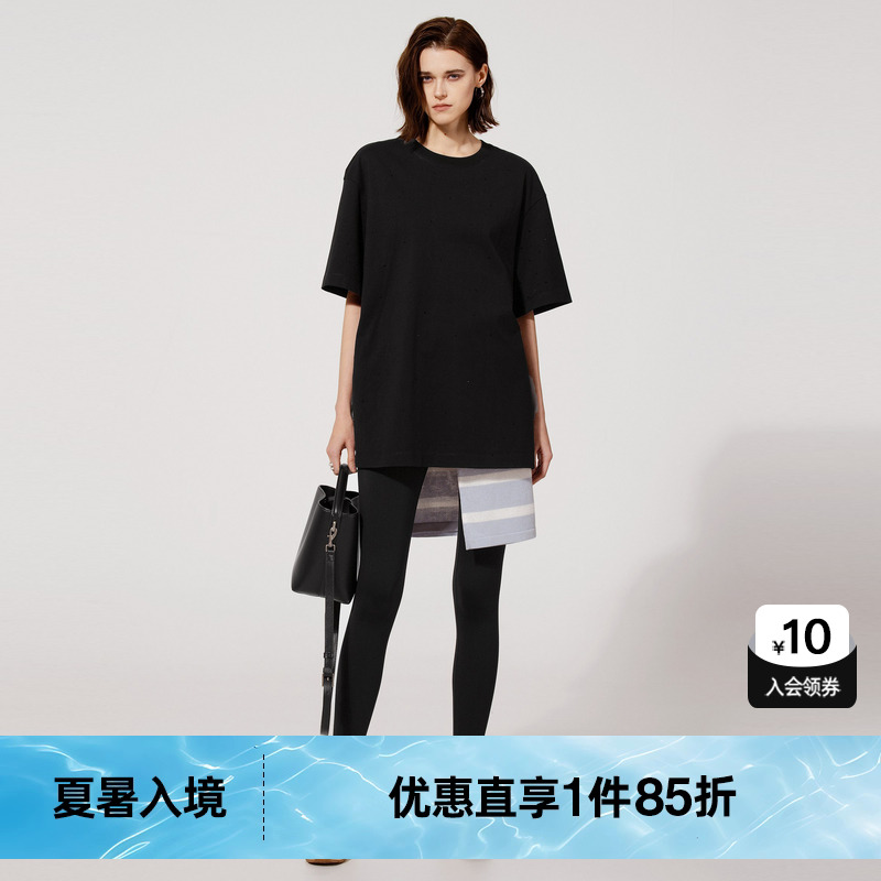 U/TI黑色落肩100%棉T恤女 百搭藏肉短袖休闲上衣尤缇2025夏季新款