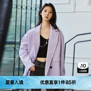 休閑貼標外塔上衣尤緹2023春季 TI淡紫色坑條西裝 外套女時尚 新款
