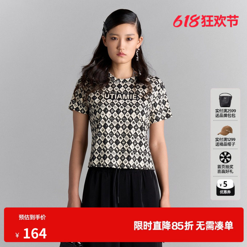 U/TI棋盘满版印花薄T恤女 短款黑白格纹短袖上衣尤缇2025夏季新款