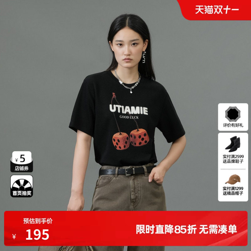 U/TI黑色骰子樱桃棉感T恤女装 百搭简约休闲短袖尤缇2025春季新款