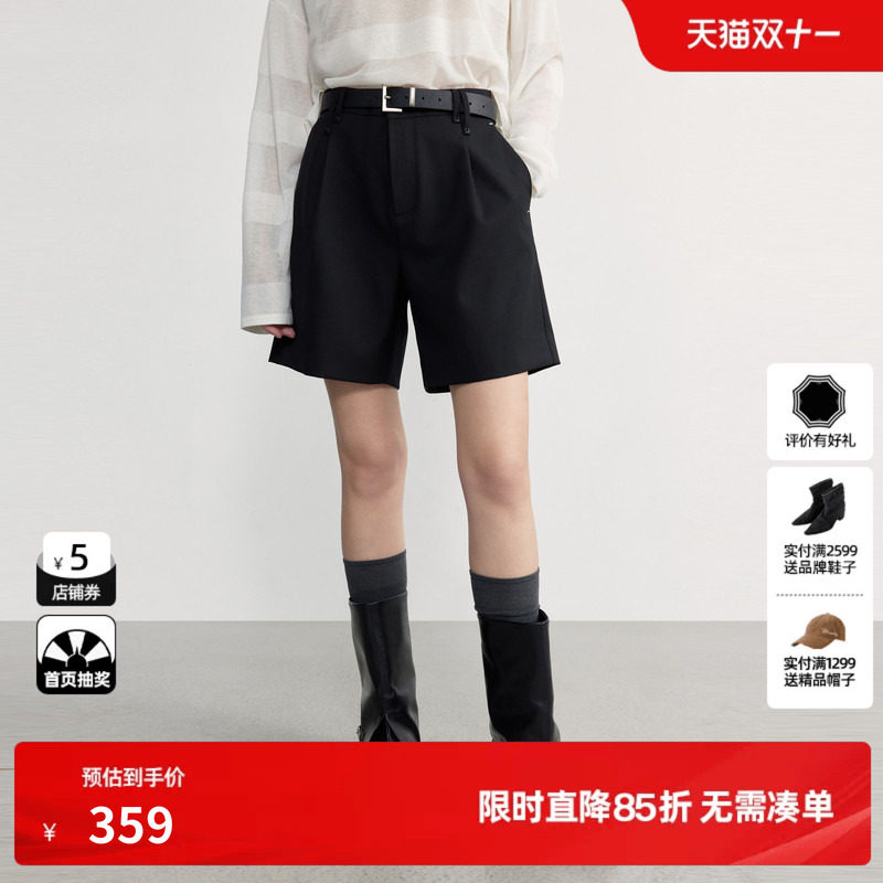 U/TI黑色羊毛混纺西装休闲裤女直筒简约通勤短裤尤缇2026秋季新款