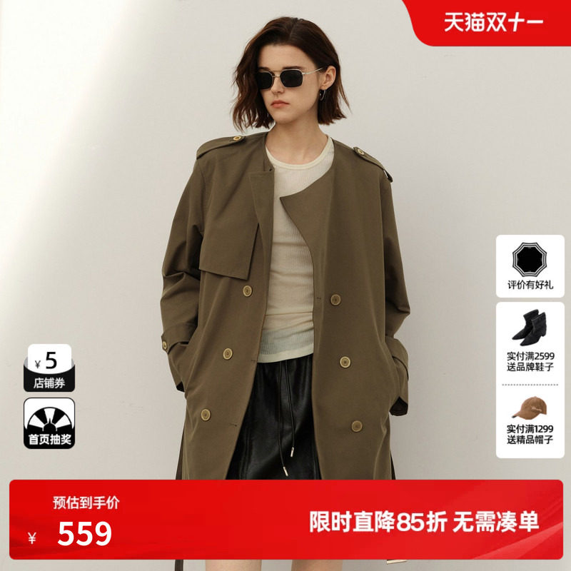 U/TI军绿色英伦风风衣女装棉感简约印花短款外套尤缇2025春季新款