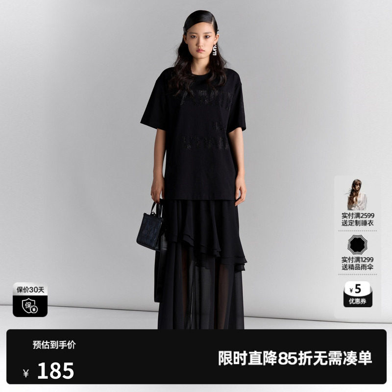 U/TI 黑色100%棉烫钻字母T恤女百搭短袖休闲上衣尤缇2025夏季新款