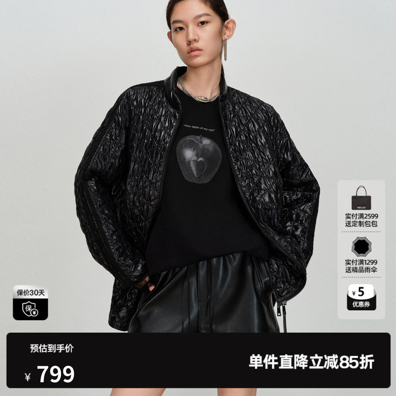 U/TI亮面菱格黑色棉服女宽松落肩光泽肌理感外套尤缇2026春季新款