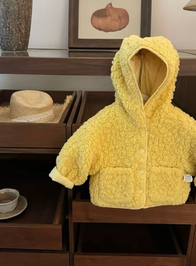 【现货】双面穿！2025韩系男女宝宝巨显白鹅黄色连帽洋气棉服外套