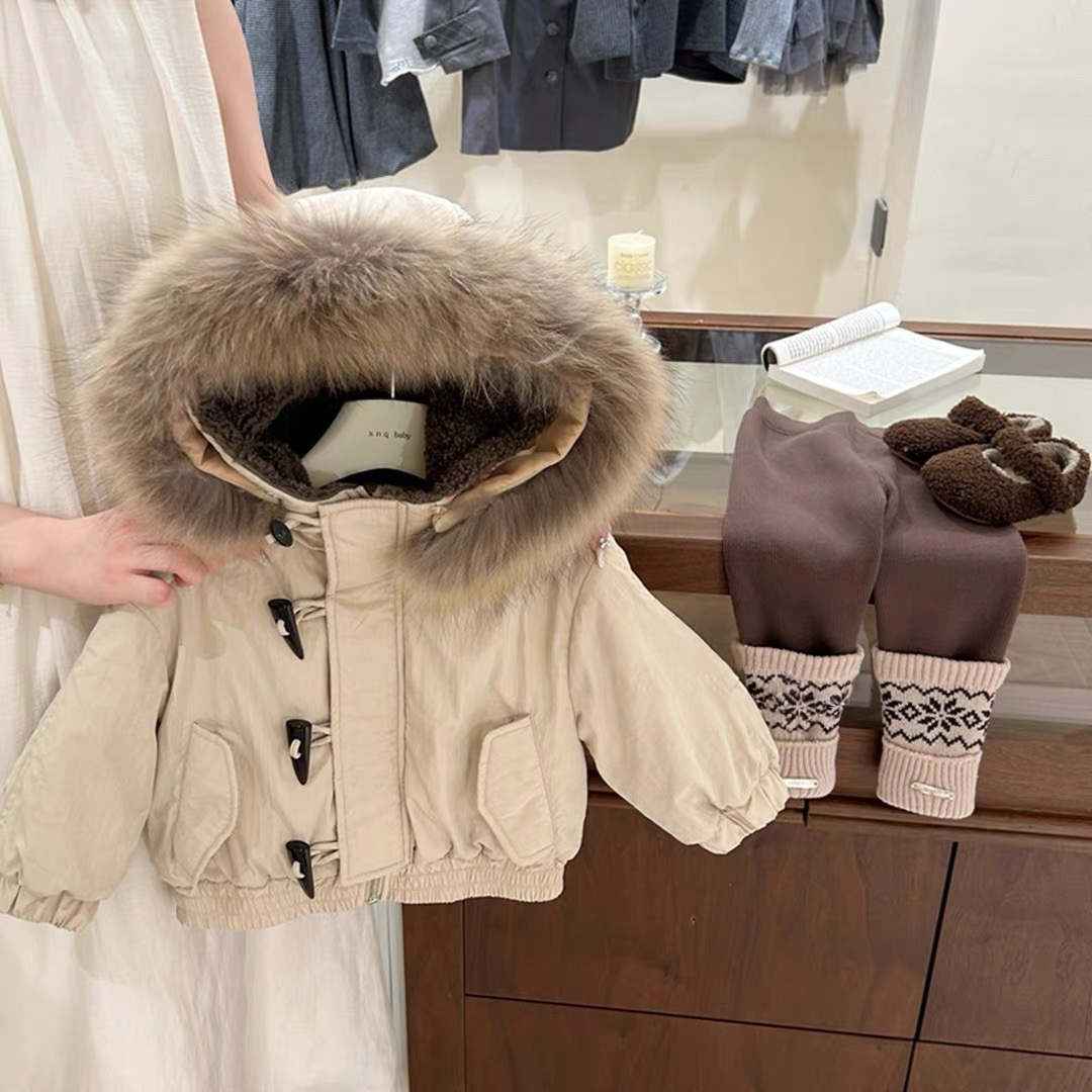 【小張童學】韩国女童冬季毛领牛角扣派克棉服连帽保暖上衣外套潮