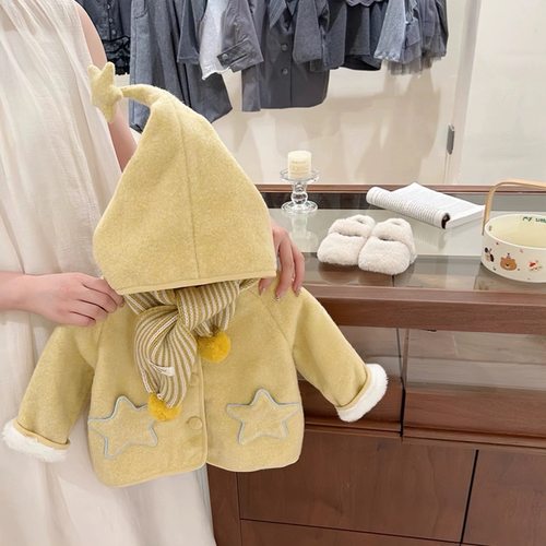 【现货】原创星星人女童外套2025冬装儿童精灵帽保暖加绒棉服棉袄