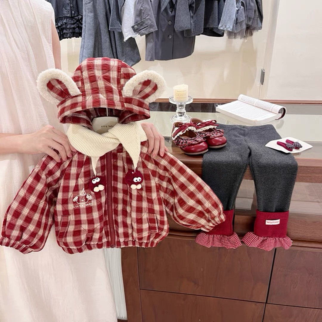 【现货】小煤球！女童兔耳朵格子棉衣外套韩版秋冬加绒加厚棉服