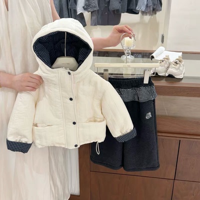 【现货】女童加绒加厚棉服秋冬儿童连帽上衣韩版女孩加绒格子外套