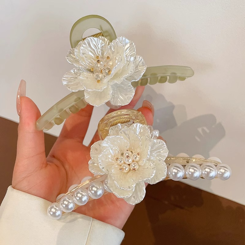 超仙山茶花抓夹~优雅气质发夹后脑勺法式复古温柔鲨鱼夹子头饰女
