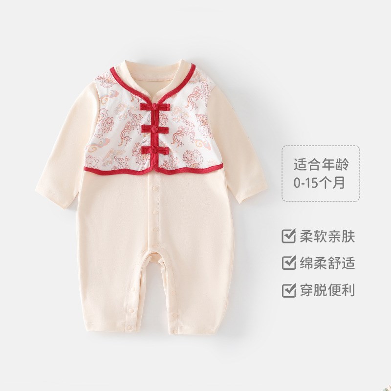新款新生婴儿连体衣春秋新中式外出服宝宝百天汉服哈衣爬服四季假