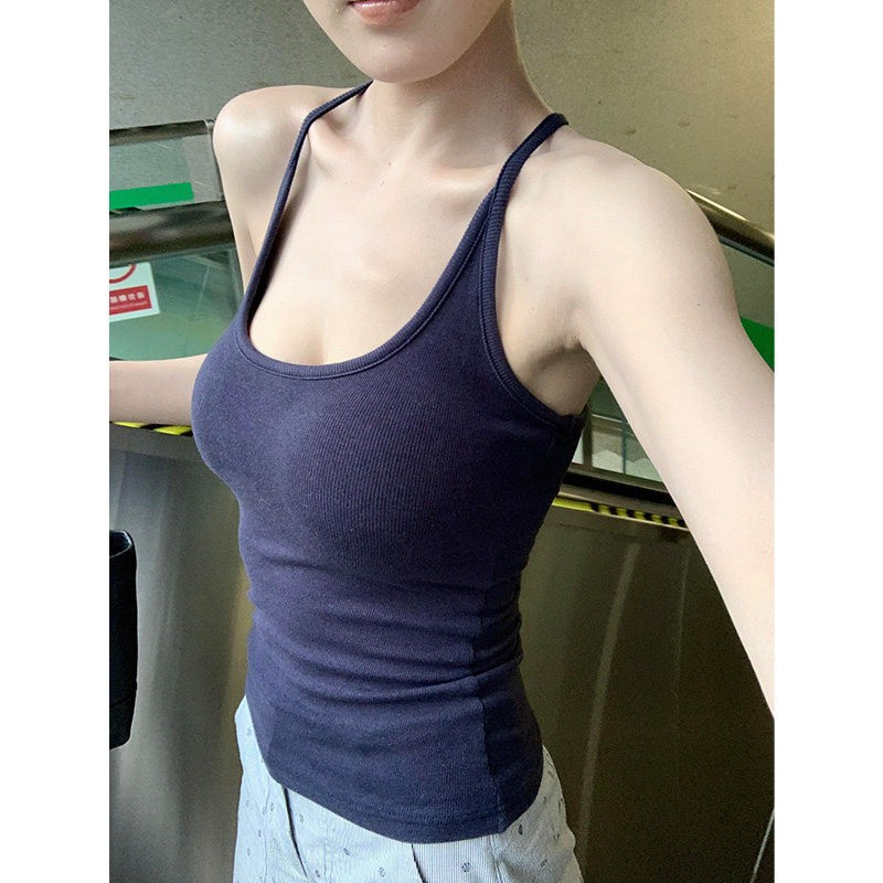 工字吊带背心女内搭夏季带胸垫外穿挂脖露背运动健身美背无袖上衣