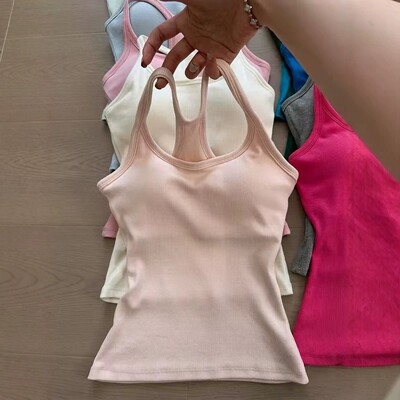工字吊带背心女内搭夏季带胸垫外穿挂脖露背运动健身美背无袖上衣