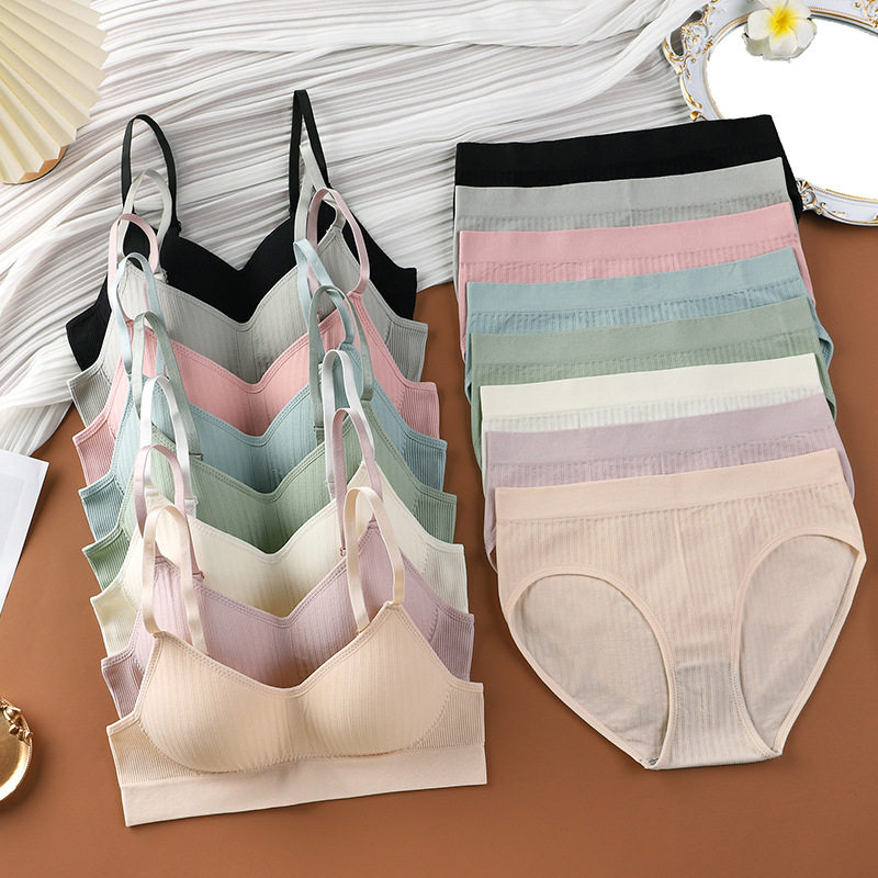 美背无钢圈聚拢透气女内衣高腰高弹三角裤无缝套头防下垂文胸套装