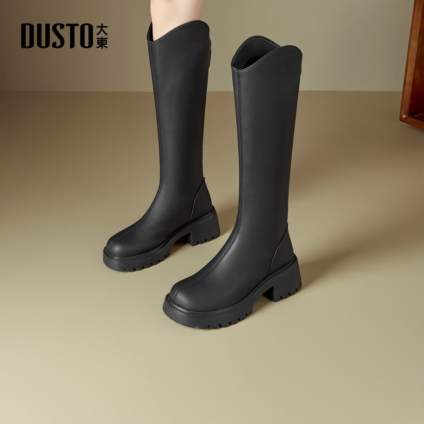 大东官方正品黑色厚底长筒靴显瘦