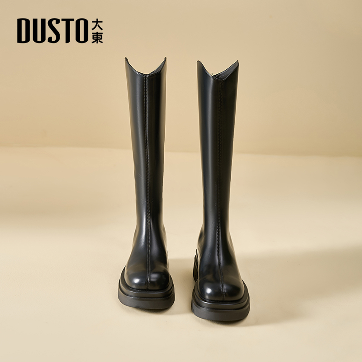 大东v口长筒靴黑色厚底长靴
